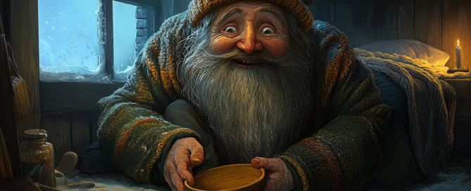 A whimsical depiction of Askasleikir, the sixth Icelandic Yule Lad