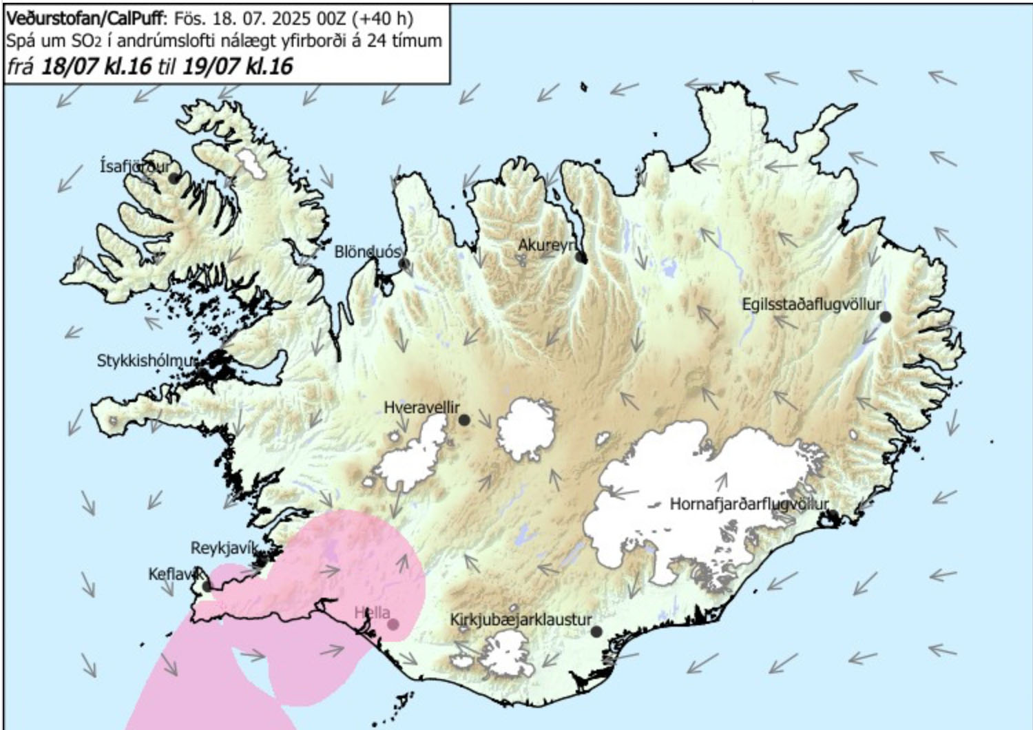 Islandkarte mit rosa eingefärbter Zone südlich von Reykjavík zur Darstellung der SO₂-Gasausbreitung zwischen dem 18. und 19. Juli 2025.