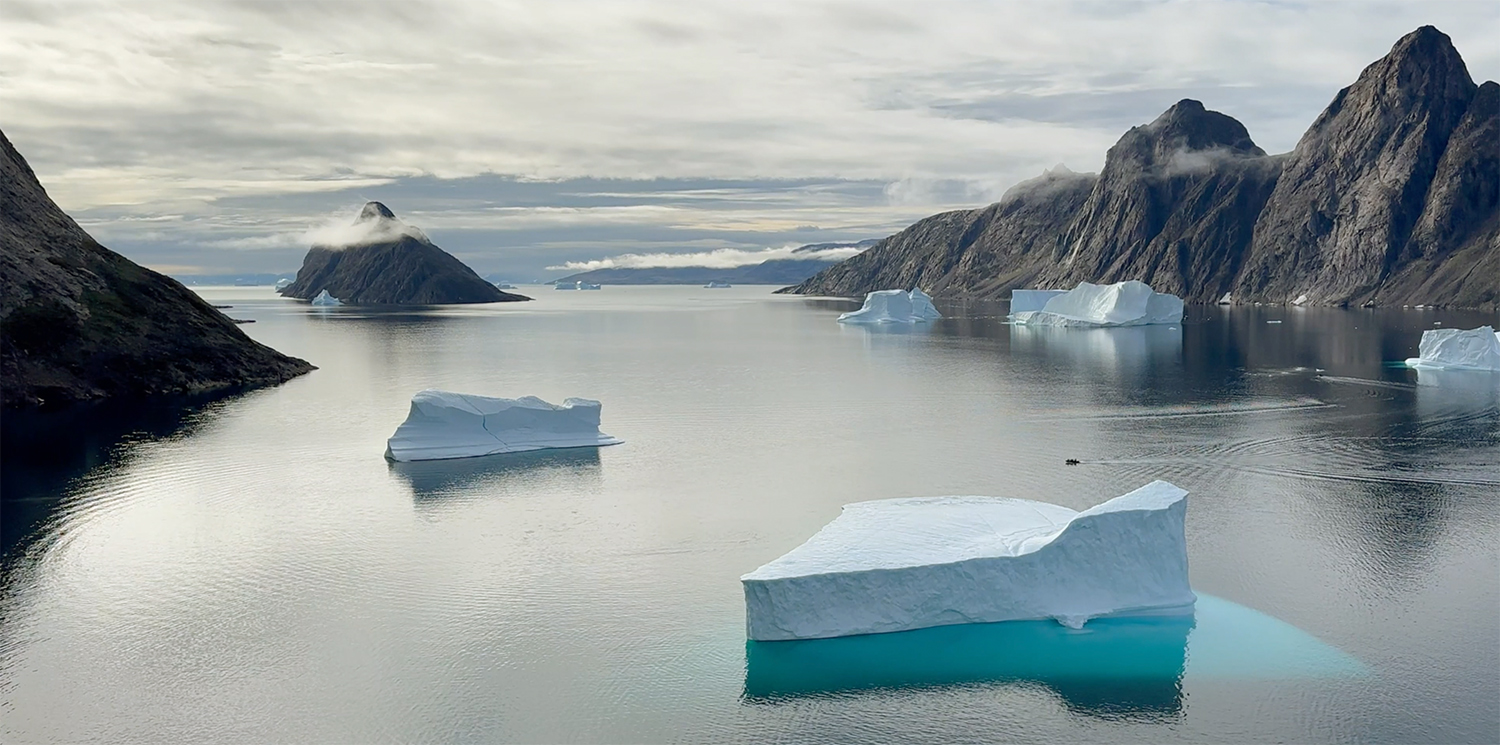 Eisberge im Fjord von Ostgrönland Große Eisberge in einem stillen Fjord zwischen steilen Bergen in Ostgrönland