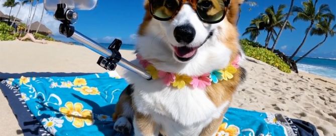 Sora OpenAI Dog on a Beach making a selfie