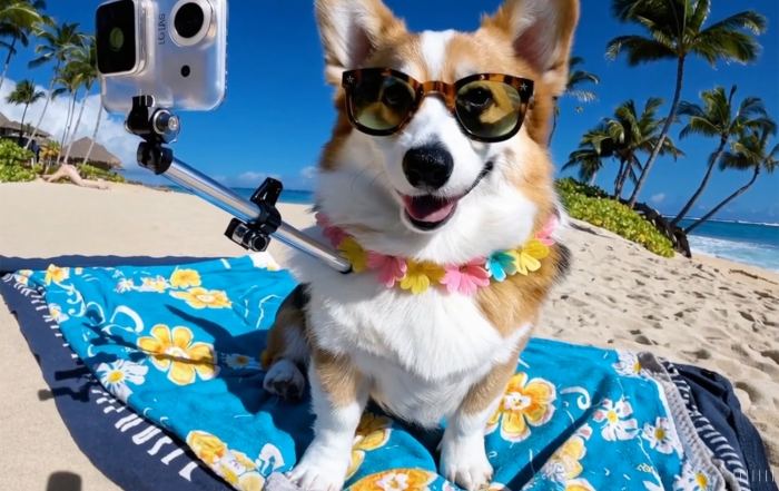Sora OpenAI Dog on a Beach making a selfie
