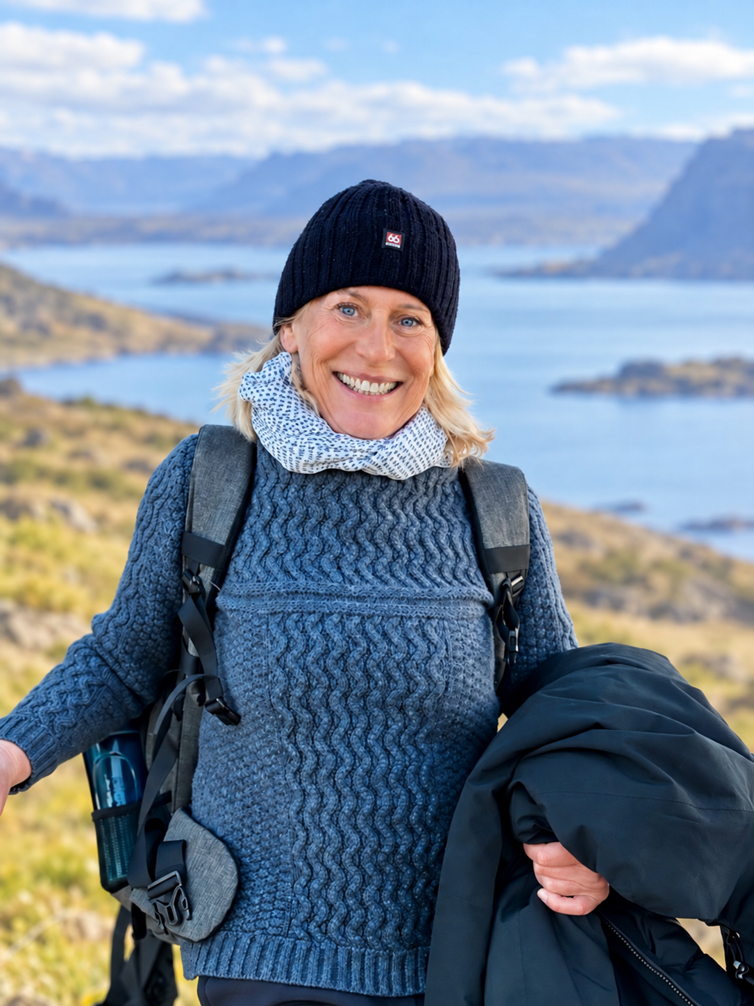Profifotografin Radmila Dier mit Rucksack vor einer Fjord- und Berglandschaft.