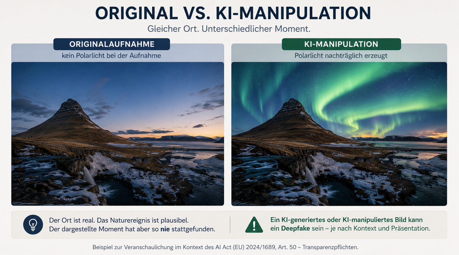 Vergleich eines Originalfotos am Kirkjufell mit einer KI-manipulierten Version mit nachträglich erzeugtem Polarlicht