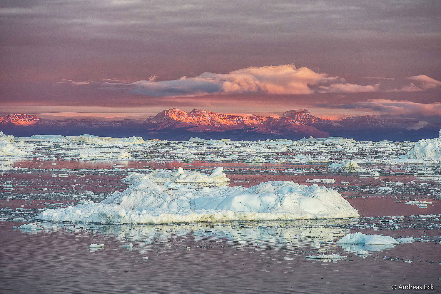 disko-bucht-groenland-lieblingsfoto-woche-22 Morgenlicht über der Disko Bucht bei Ilulissat in Westgrönland, Eisbergen, dunklem Wasser und rot beleuchteten Bergen