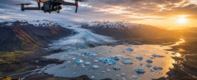 Drohne über einer Gletscherlagune in Island bei Sonnenuntergang – Drohnenregeln Island 2026