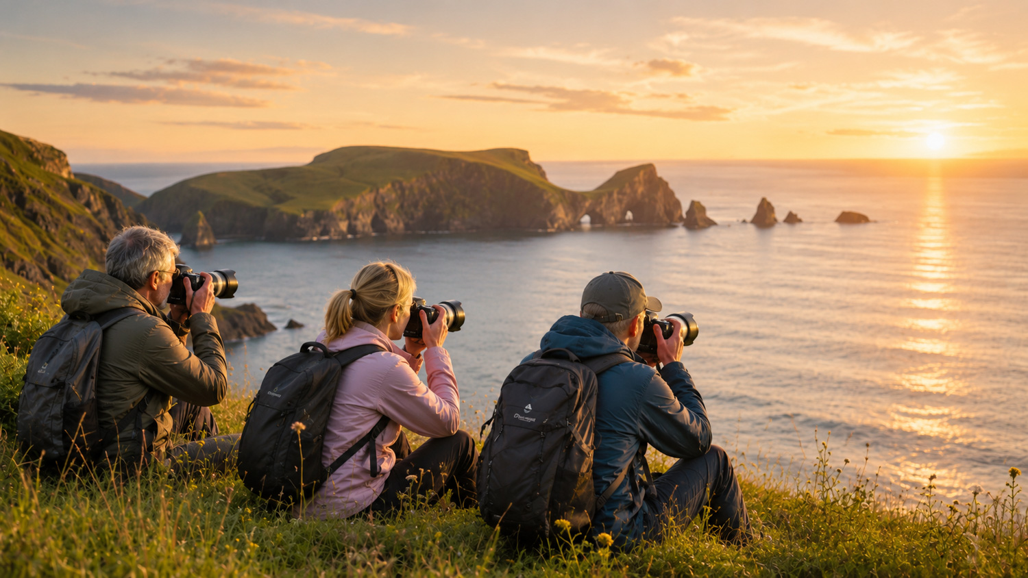 Fotografen fotografieren im Licht der Mitternachtssonne an einer Küste in Island