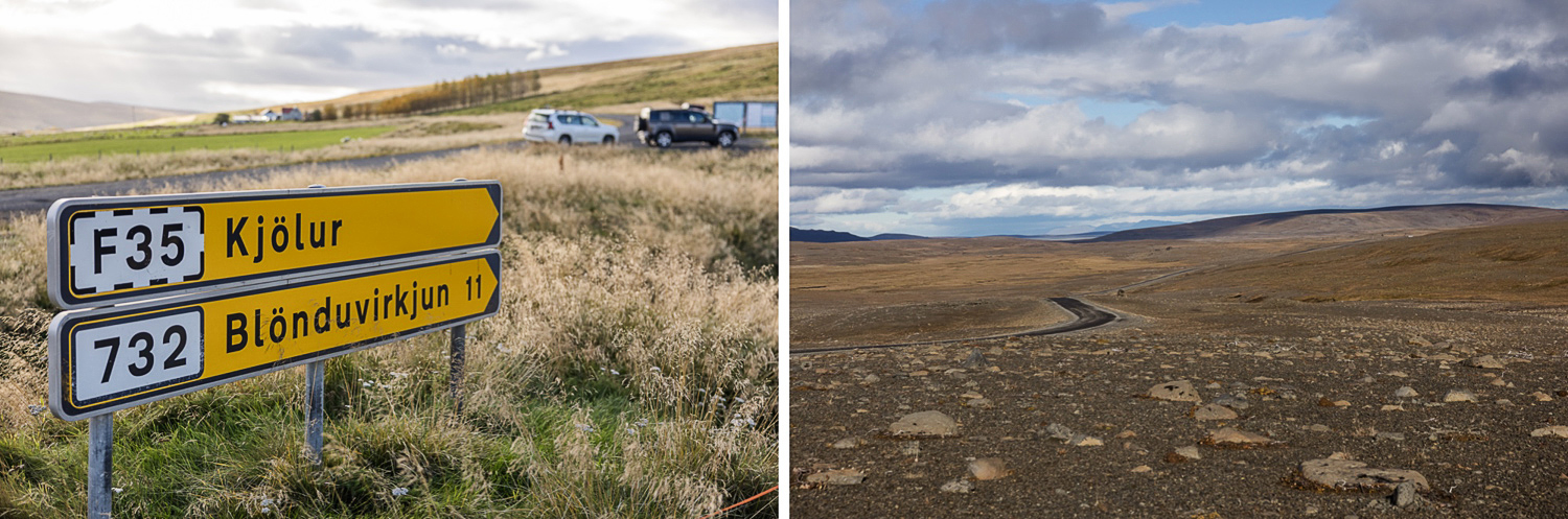 Collage aus Islands zentralem Hochland: Wegweiser zur F35 Kjölur und Blönduvirkjun sowie einsame Schotterpiste durch karge Hochlandlandschaft unter Wolken.