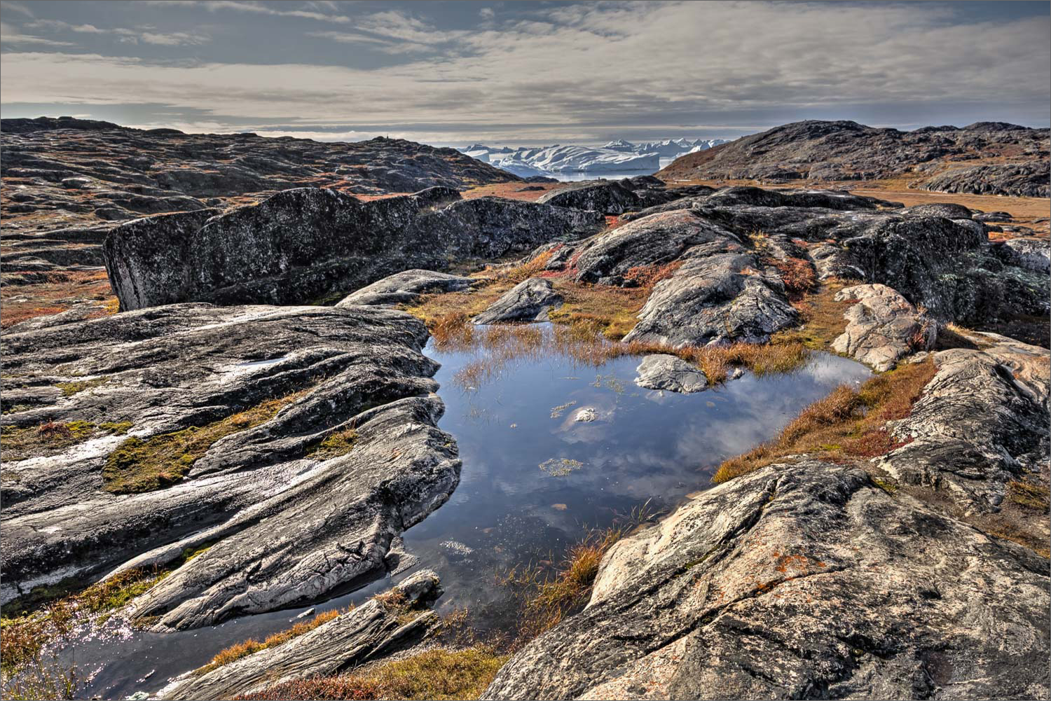 Felsige Tundralandschaft oberhalb von Ilulissat mit Wasserflächen und Blick Richtung Ilulissat Eisfjord während einer Fotoreise nach Grönland