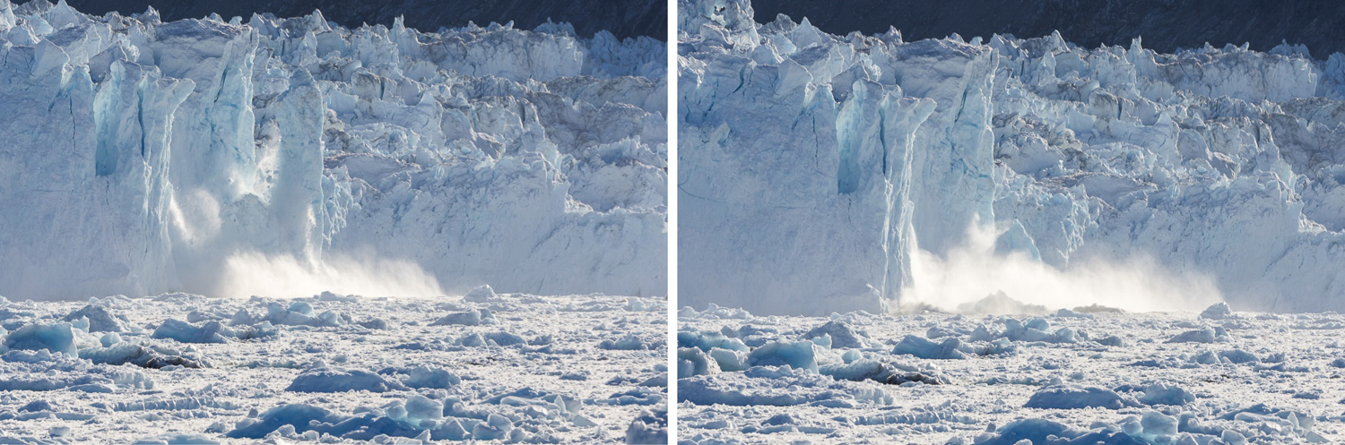 Kalbung am Eqi-Gletscher in Westgrönland, abbrechende Eiswand stürzt ins Meer und erzeugt Eisnebel und Wellen.
