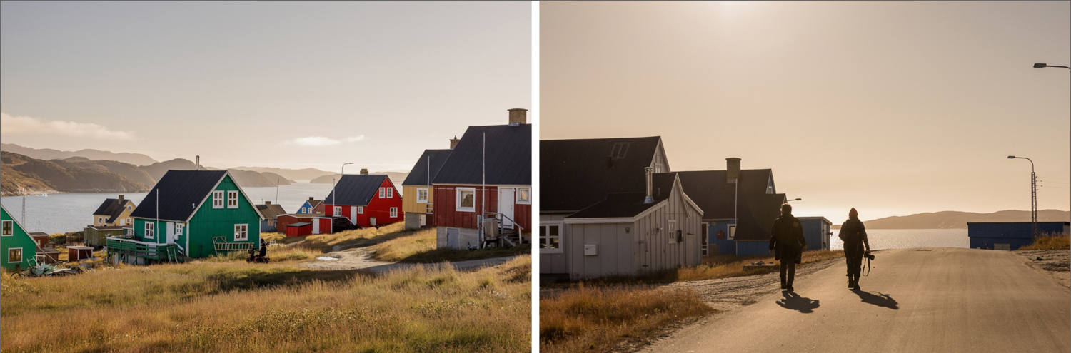 Bunte Holzhäuser und Spaziergang durch Qasigiannguit in der Abendsonne an der Diskobucht in Westgrönland