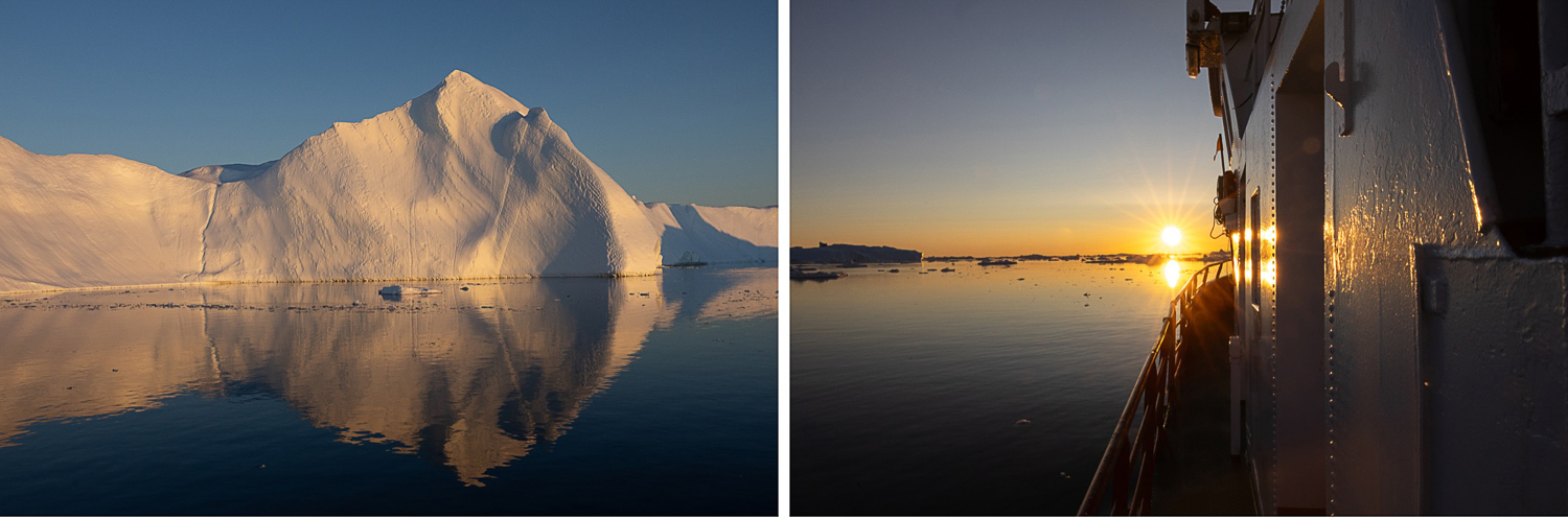 Eisberg im warmen Abendlicht in der Diskobucht bei Ilulissat, gespiegelt im ruhigen Wasser während einer Bootsfahrt bei Sonnenuntergang.