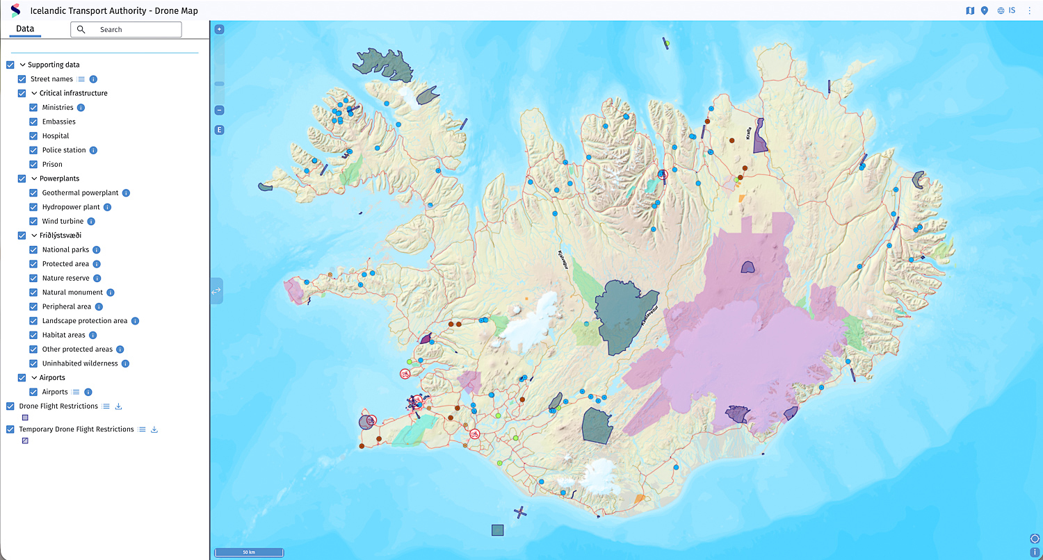 Drohnenkarte Island – Flugverbotszonen und Schutzgebiete prüfen Drohnenkarte der Icelandic Transport Authority mit Flugverbotszonen und Schutzgebieten in Island