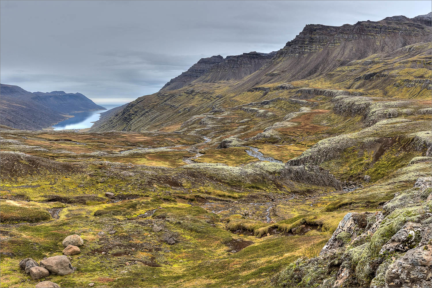 Weite Berglandschaft mit Fjordblick in den Ostfjorden Islands im Herbst