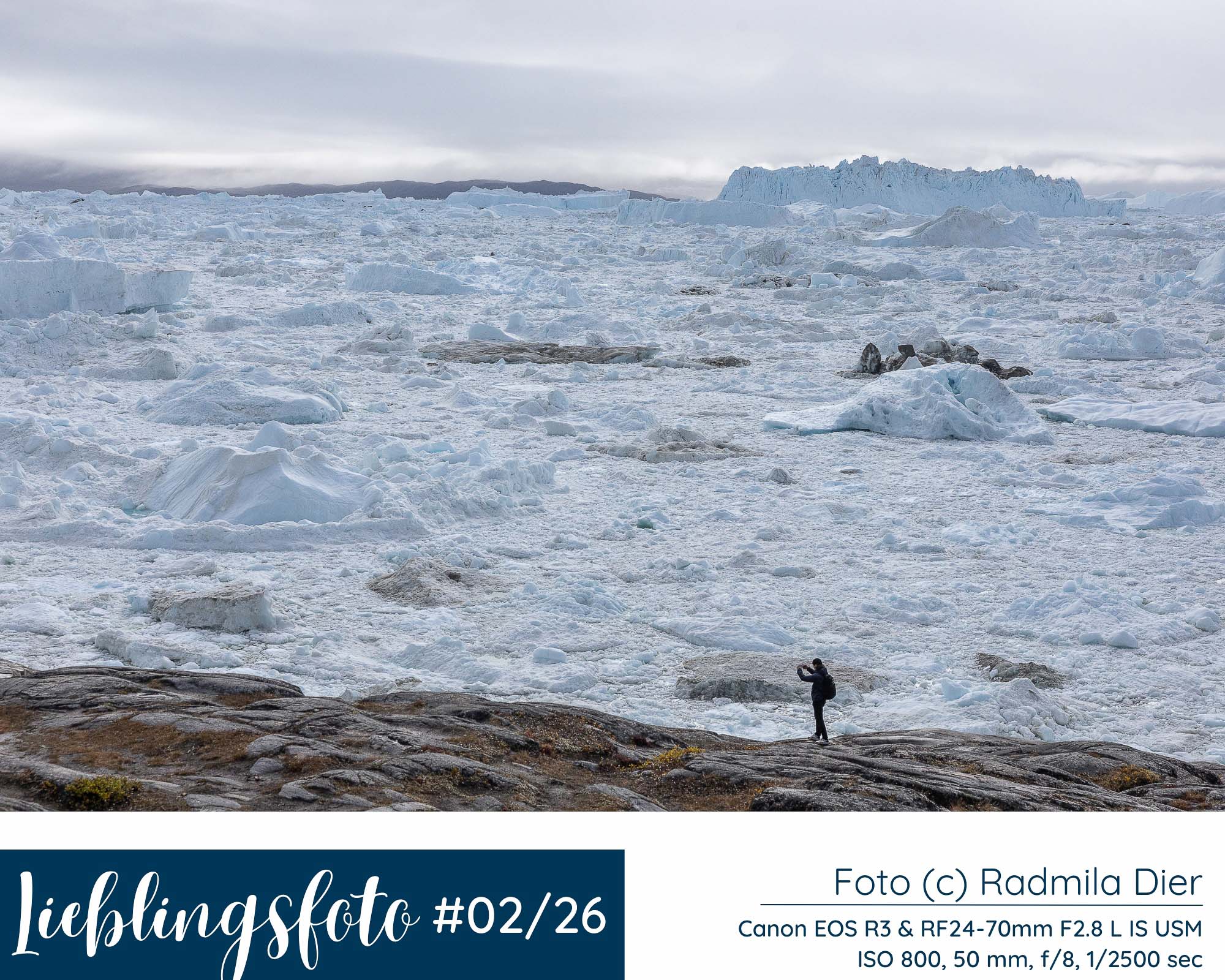 Weite Eislandschaft am Ilulissat-Eisfjord in Grönland mit einer einzelnen Person als Größenvergleich, Lieblingsfoto 02/2026 von Radmila Dier