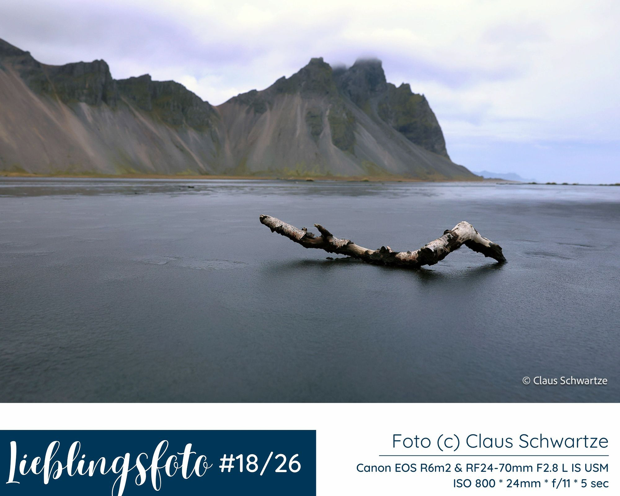 Treibholz auf dunklem Sand bei Stokksnes in Südostisland mit Vestrahorn im Hintergrund, Lieblingsfoto 18/2026 von Claus Schwartze