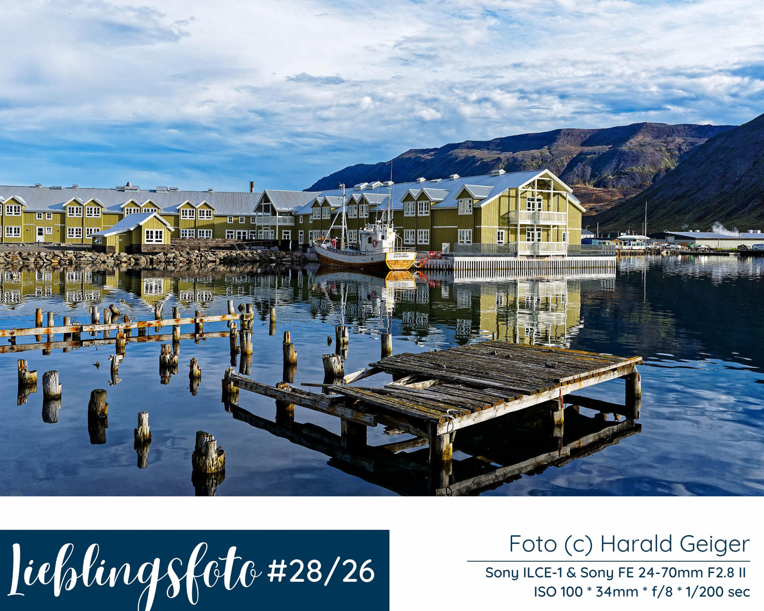 Hafen im Norden Islands am Nachmittag mit grünen Holzhäusern, Bergen und Spiegelungen im ruhigen Wasser