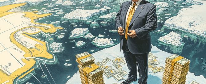 A surreal depiction of Donald Trump in a luxurious suit, standing on a vast icy landscape representing Greenland, surrounded by stacks of cash and gold bars. The scene shows a map of Greenland in the background with an American flag subtly overlaying it, symbolizing the 'purchase.' AI generated by (c) Radmila Dier