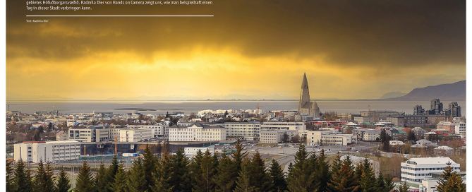 Blick über Reykjavík mit Hallgrímskirkja und der Bucht Faxaflói in Island. Coverbild für den Artikel Ein Tag in Reykjavik Von Radmila Dier für Magazin Zauber des Nordens