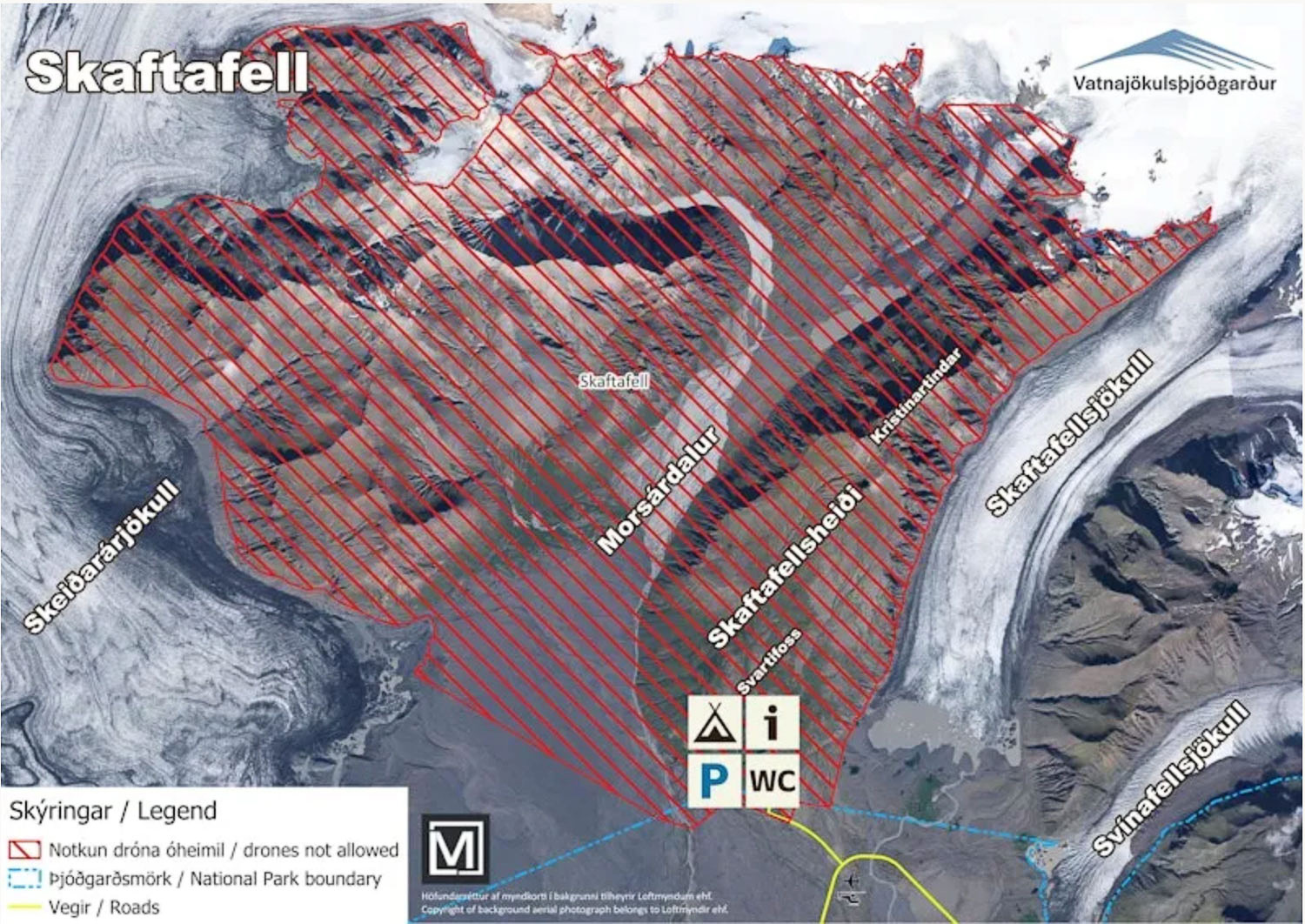 Drohnenverbot in Skaftafell im Vatnajökull-Nationalpark Karte von Skaftafell im Vatnajökull-Nationalpark mit markierter Zone, in der Drohnen nicht erlaubt sind